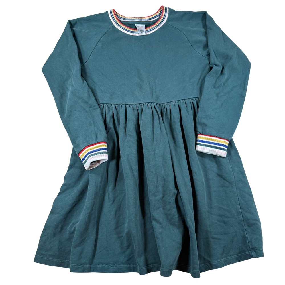 Hanna Andersson Girls Green Rainbow Stripe Cuff Long Sleeve Knit Dress Size 12